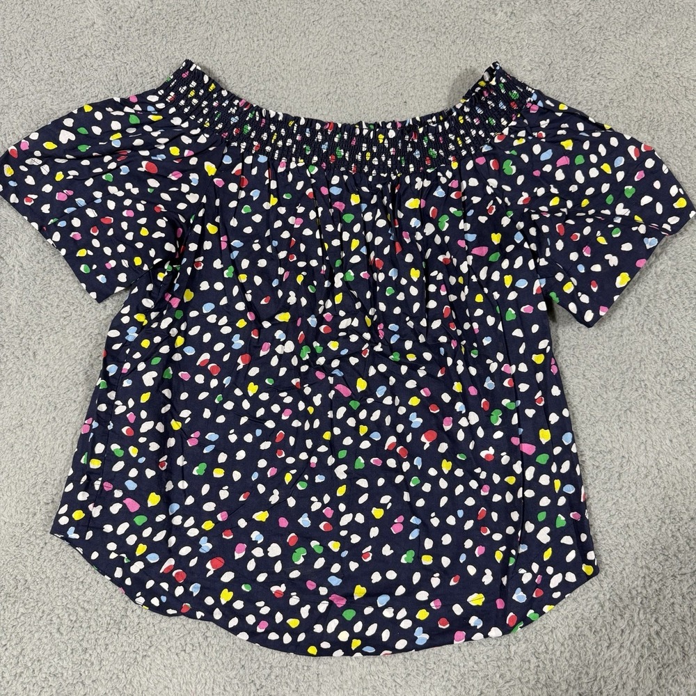 EUC JCrew Off Shoulder Cotton Blouse Navy Dot Multi confetti Size 8